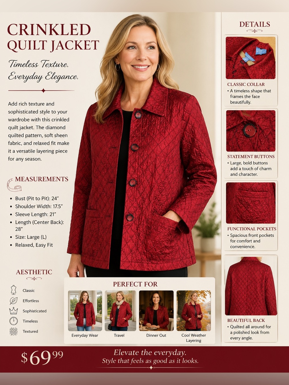 Women's Red Quilted Button-Front Puffer Jacket